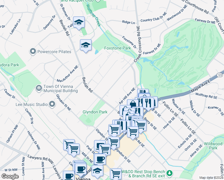 map of restaurants, bars, coffee shops, grocery stores, and more near 431 Creek Crossing Road Northeast in Vienna