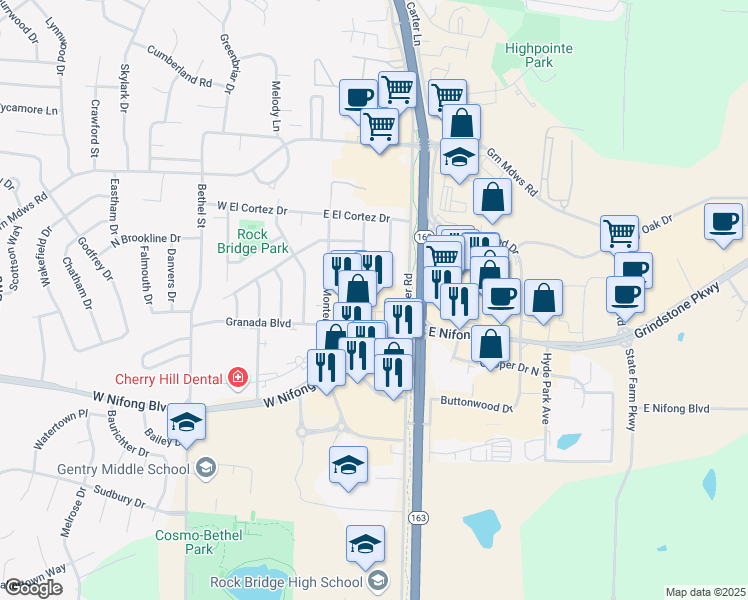 map of restaurants, bars, coffee shops, grocery stores, and more near 205 East Nifong Boulevard in Columbia