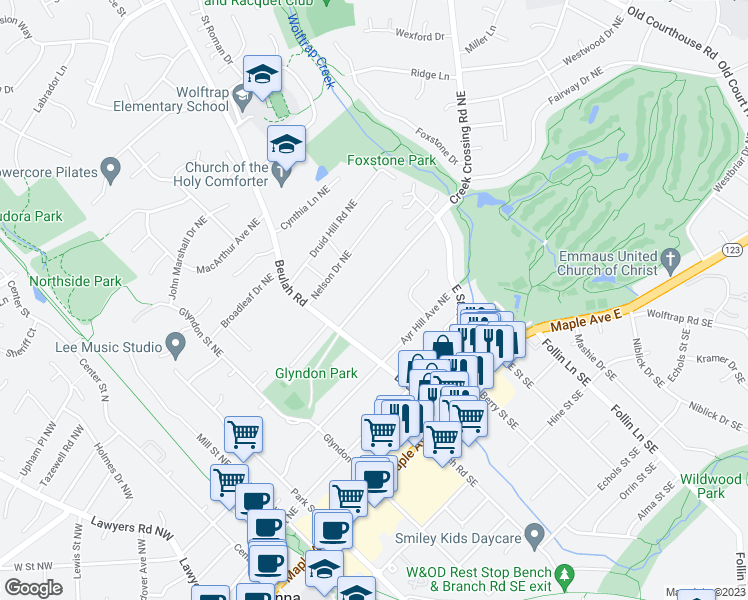 map of restaurants, bars, coffee shops, grocery stores, and more near 431 Creek Crossing Road Northeast in Vienna