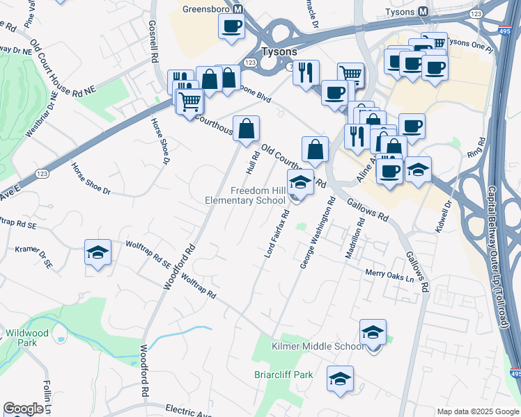 map of restaurants, bars, coffee shops, grocery stores, and more near 1933 Byrd Road in Vienna