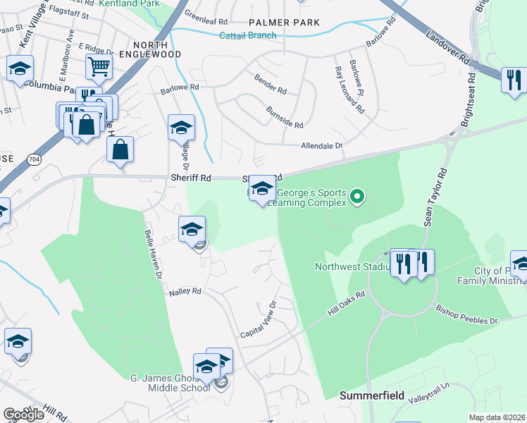 map of restaurants, bars, coffee shops, grocery stores, and more near 7801 Sheriff Road in Summerfield