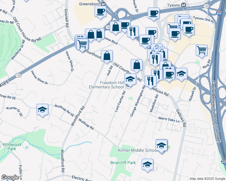 map of restaurants, bars, coffee shops, grocery stores, and more near 1933 Byrd Road in Vienna