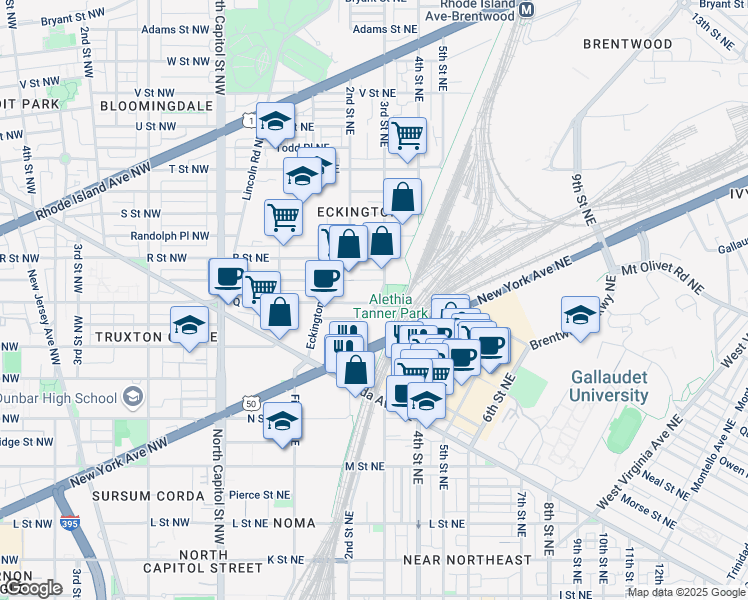 map of restaurants, bars, coffee shops, grocery stores, and more near 200 Q Street Northeast in Washington