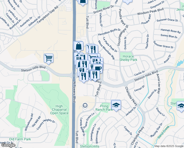 map of restaurants, bars, coffee shops, grocery stores, and more near 6042 Stetson Hills Blvd in Colorado Springs