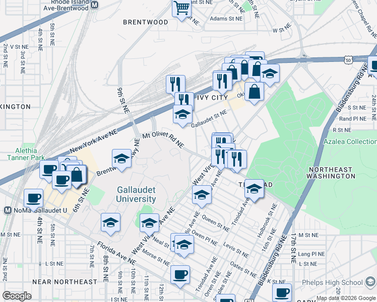 map of restaurants, bars, coffee shops, grocery stores, and more near 1050 Mount Olivet Road Northeast in Washington