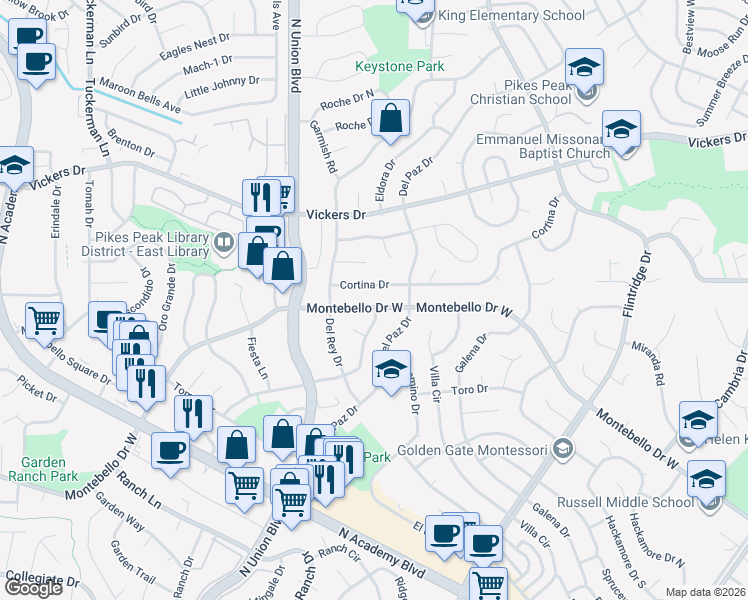 map of restaurants, bars, coffee shops, grocery stores, and more near 3015 Cortina Drive in Colorado Springs