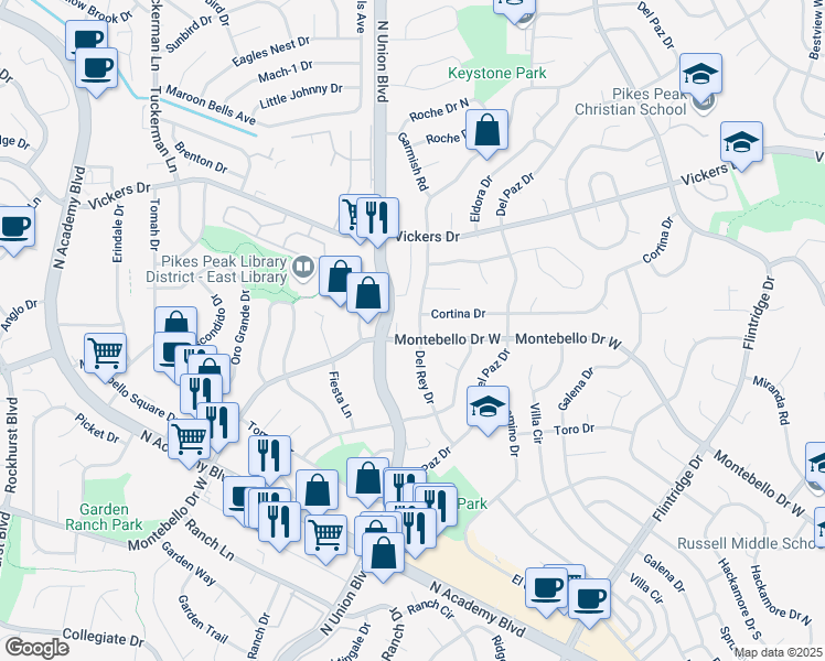map of restaurants, bars, coffee shops, grocery stores, and more near 2915 Cortina Drive in Colorado Springs