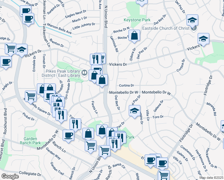 map of restaurants, bars, coffee shops, grocery stores, and more near 5525 North Union Boulevard in Colorado Springs