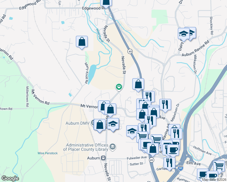map of restaurants, bars, coffee shops, grocery stores, and more near 435 Nevada Street in Auburn