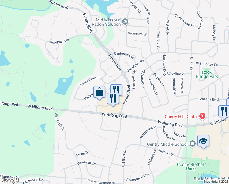 map of restaurants, bars, coffee shops, grocery stores, and more near 3705 Forum Boulevard in Columbia