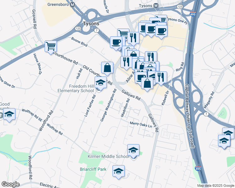 map of restaurants, bars, coffee shops, grocery stores, and more near 1952 Gallows Road in Vienna