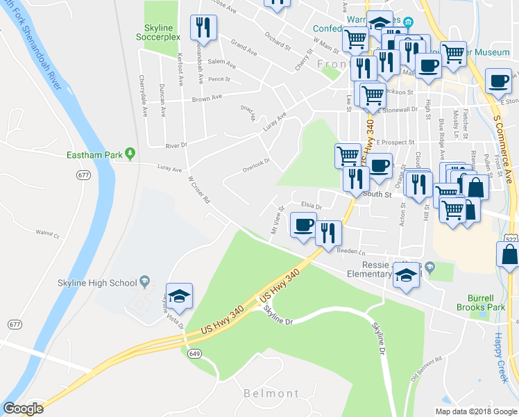 map of restaurants, bars, coffee shops, grocery stores, and more near 609 Cresthaven Court in Front Royal