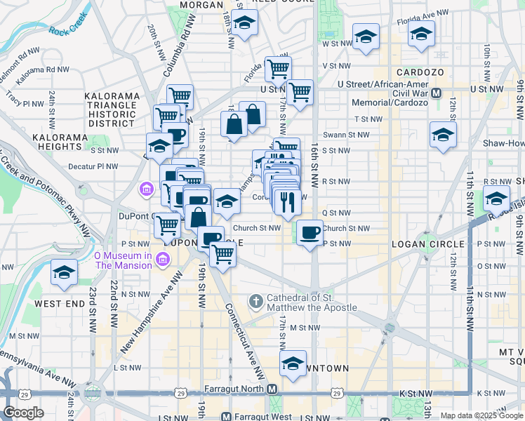 map of restaurants, bars, coffee shops, grocery stores, and more near 1725 Q Street Northwest in Washington