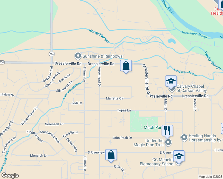 map of restaurants, bars, coffee shops, grocery stores, and more near 1421 Marlette Circle in Gardnerville