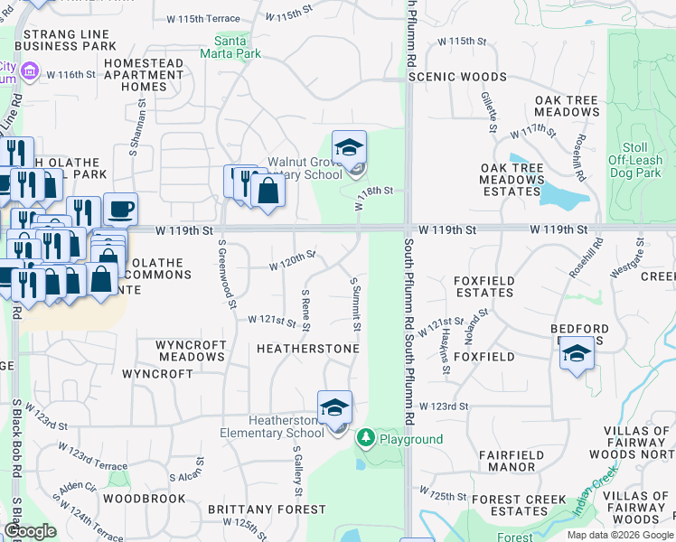 map of restaurants, bars, coffee shops, grocery stores, and more near 11932 Rene Street in Olathe