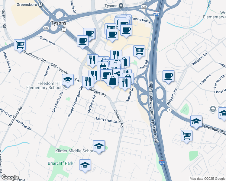 map of restaurants, bars, coffee shops, grocery stores, and more near 1950 Old Gallows Road in Vienna