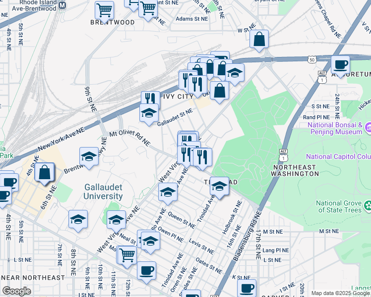 map of restaurants, bars, coffee shops, grocery stores, and more near 1133 North Capitol Street Northeast in Washington