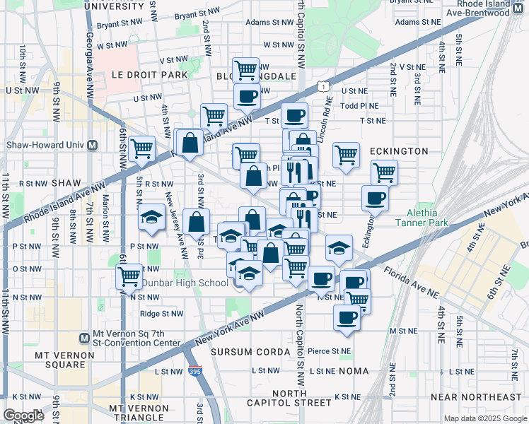 map of restaurants, bars, coffee shops, grocery stores, and more near 27 Q Street Northwest in Washington