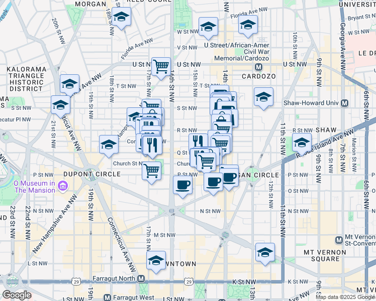 map of restaurants, bars, coffee shops, grocery stores, and more near 1529 Q Street Northwest in Washington