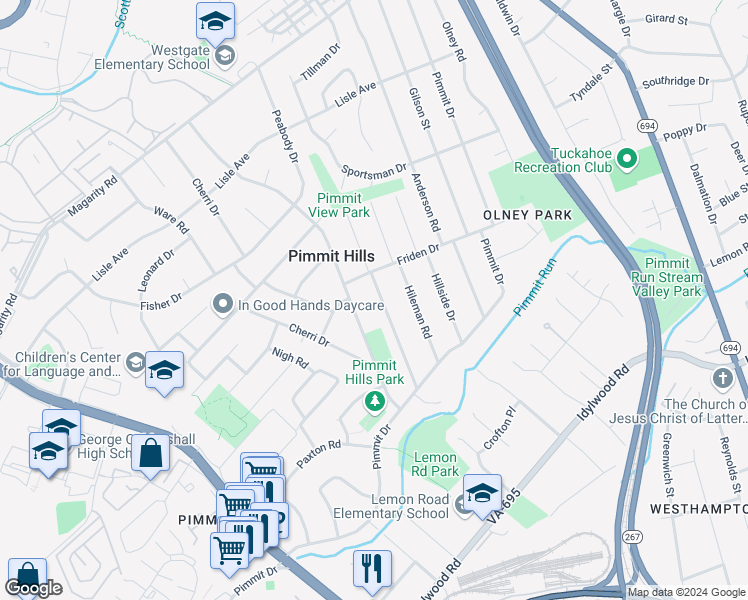 map of restaurants, bars, coffee shops, grocery stores, and more near 1940 Storm Drive in Falls Church