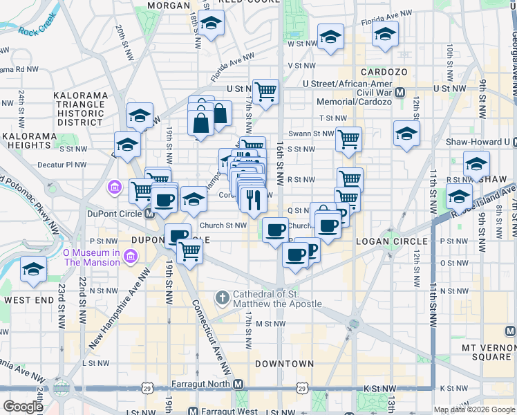 map of restaurants, bars, coffee shops, grocery stores, and more near 1625 Q Street Northwest in Washington