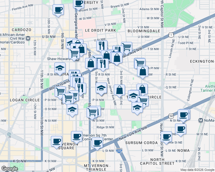 map of restaurants, bars, coffee shops, grocery stores, and more near 101 Independence Avenue Southeast in Washington