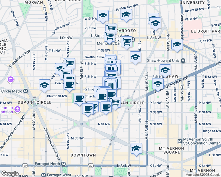 map of restaurants, bars, coffee shops, grocery stores, and more near 1401 Q Street Northwest in Washington