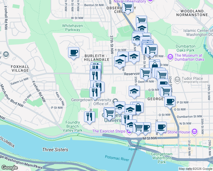 map of restaurants, bars, coffee shops, grocery stores, and more near 3800 Reservoir Road Northwest in Washington