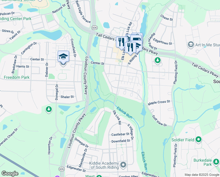map of restaurants, bars, coffee shops, grocery stores, and more near 25523 Hussar Terrace in Chantilly