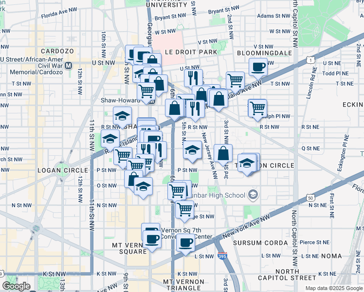 map of restaurants, bars, coffee shops, grocery stores, and more near 503 Q Street Northwest in Washington
