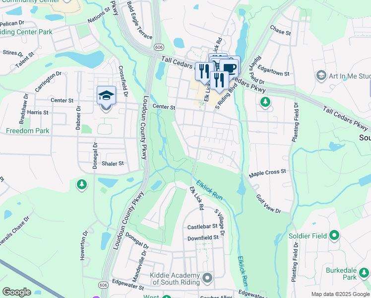 map of restaurants, bars, coffee shops, grocery stores, and more near 25523 Hussar Terrace in Chantilly
