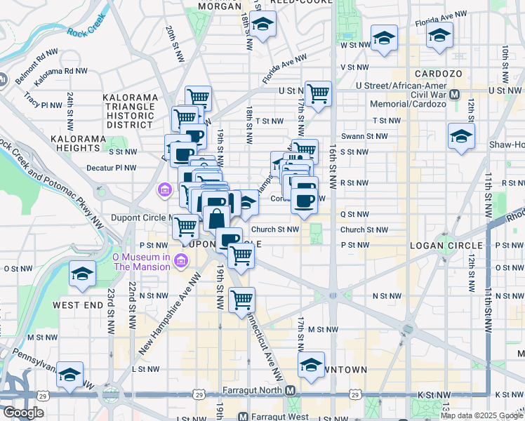 map of restaurants, bars, coffee shops, grocery stores, and more near 1757 Q Street Northwest in Washington