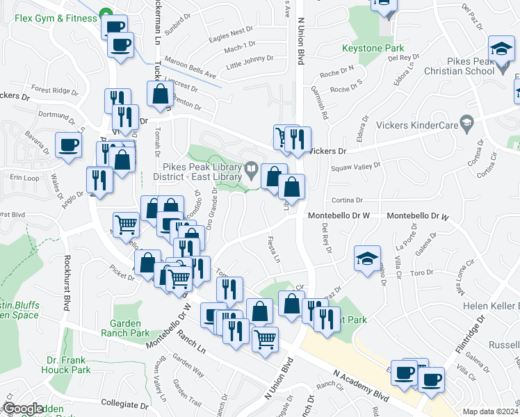 map of restaurants, bars, coffee shops, grocery stores, and more near 5520 Fiesta Lane in Colorado Springs