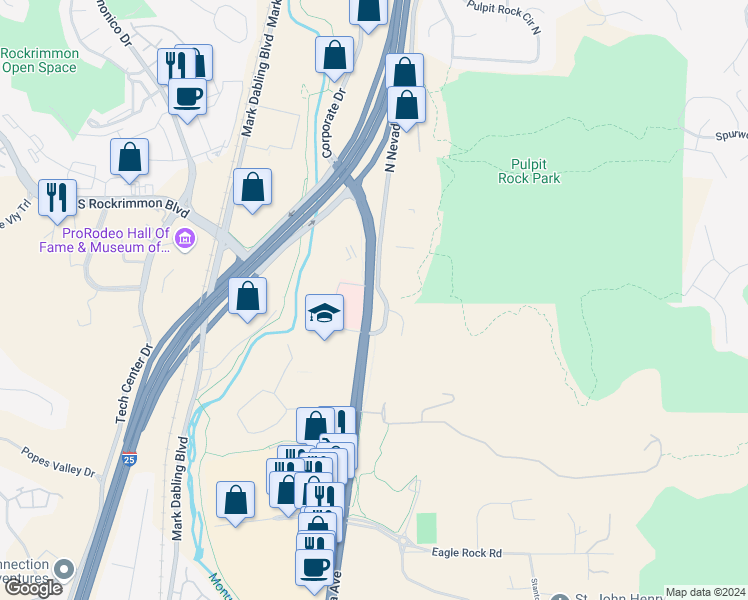 map of restaurants, bars, coffee shops, grocery stores, and more near 5715 North Nevada Avenue in Colorado Springs