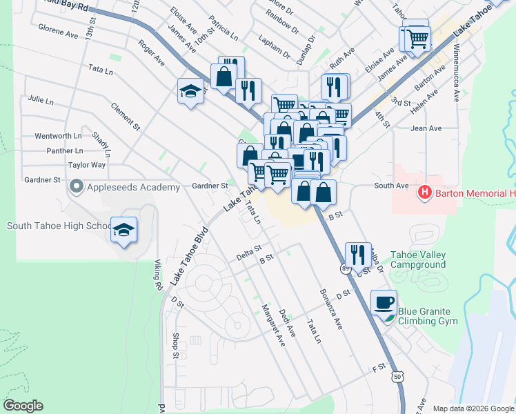 map of restaurants, bars, coffee shops, grocery stores, and more near 1920 Lake Tahoe Boulevard in South Lake Tahoe