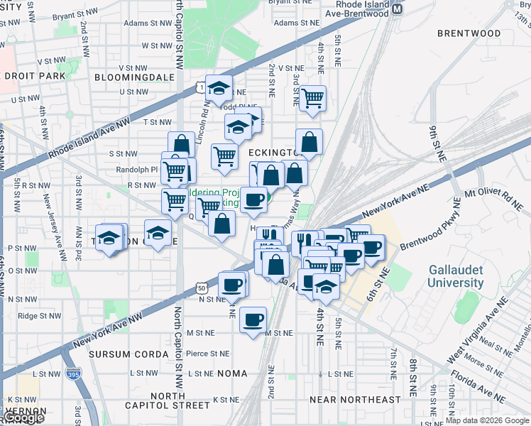map of restaurants, bars, coffee shops, grocery stores, and more near 101 Independence Avenue Southeast in Washington