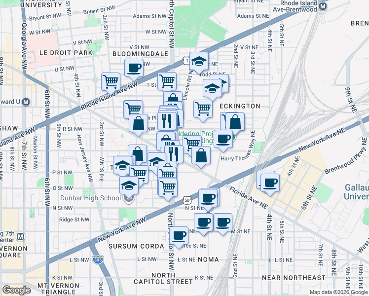 map of restaurants, bars, coffee shops, grocery stores, and more near 101 Independence Avenue Southeast in Washington