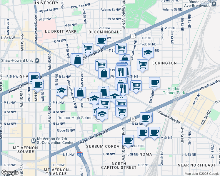 map of restaurants, bars, coffee shops, grocery stores, and more near 21 Q Street Northwest in Washington