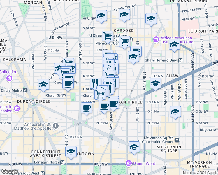 map of restaurants, bars, coffee shops, grocery stores, and more near 1401 Q Street Northwest in Washington