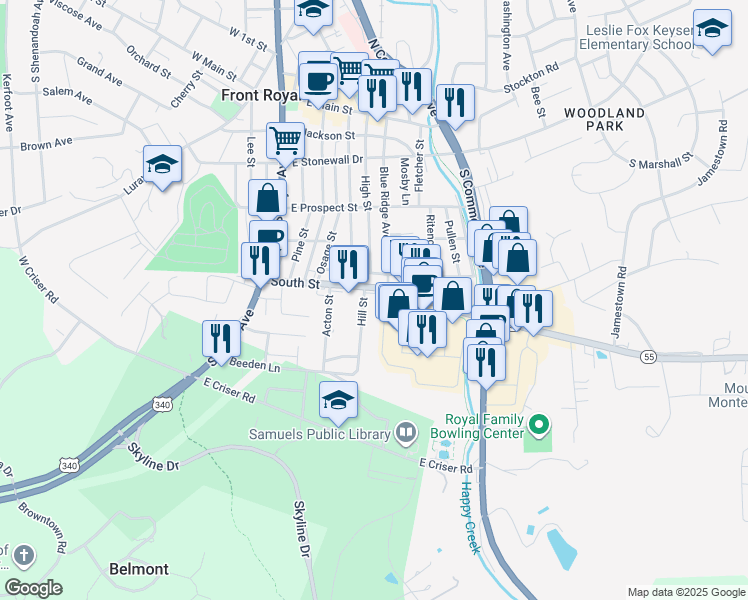 map of restaurants, bars, coffee shops, grocery stores, and more near 307 South Street in Front Royal