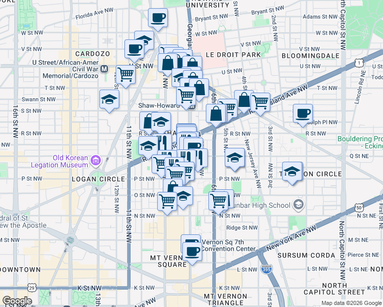 map of restaurants, bars, coffee shops, grocery stores, and more near 1610 7th Street Northwest in Washington