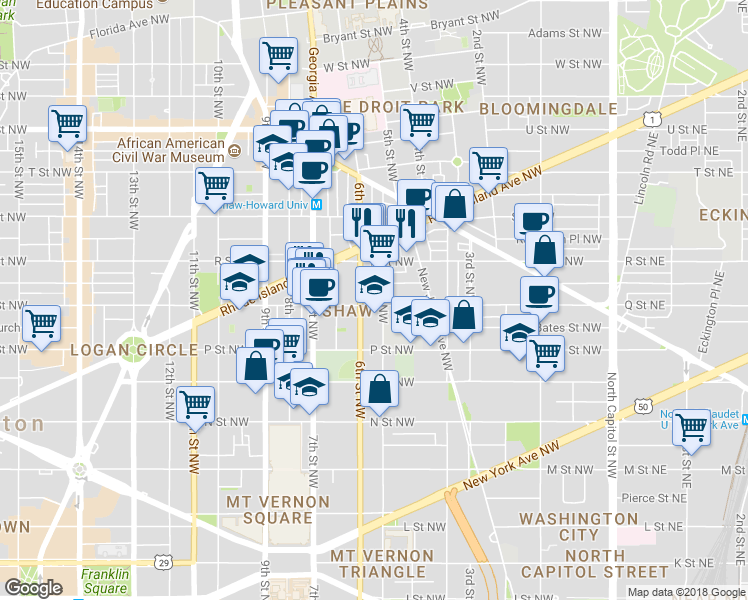 map of restaurants, bars, coffee shops, grocery stores, and more near 509 Q Street Northwest in Washington