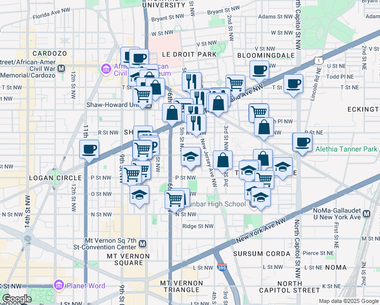 map of restaurants, bars, coffee shops, grocery stores, and more near 441 Q Street Northwest in Washington