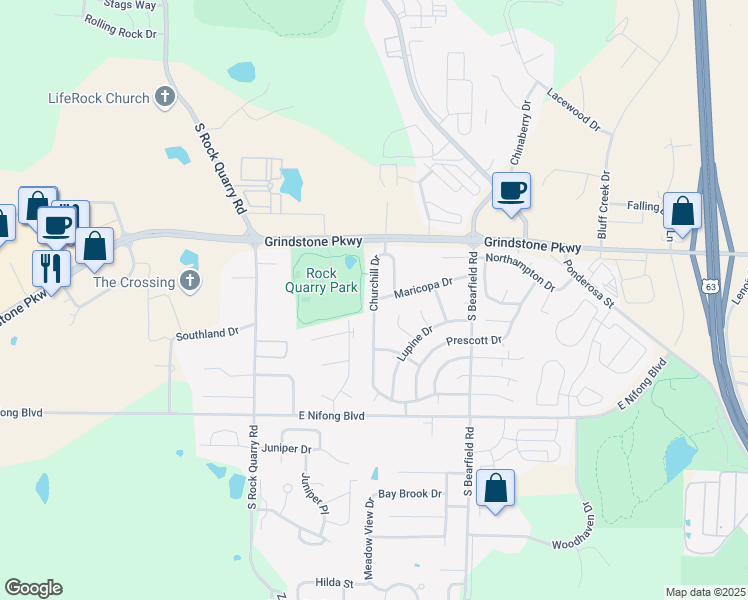 map of restaurants, bars, coffee shops, grocery stores, and more near 2101 Maricopa Drive in Columbia