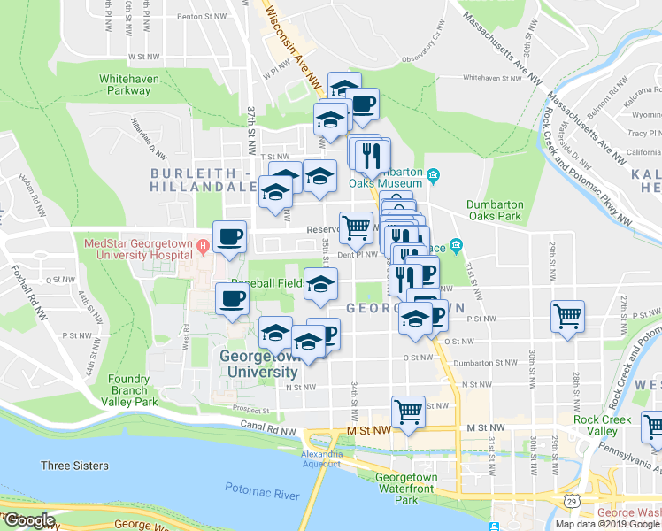 map of restaurants, bars, coffee shops, grocery stores, and more near 1619 35th Street Northwest in Washington