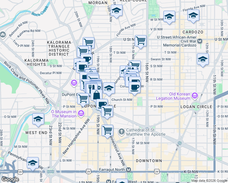 map of restaurants, bars, coffee shops, grocery stores, and more near 1601 18th Street Northwest in Washington