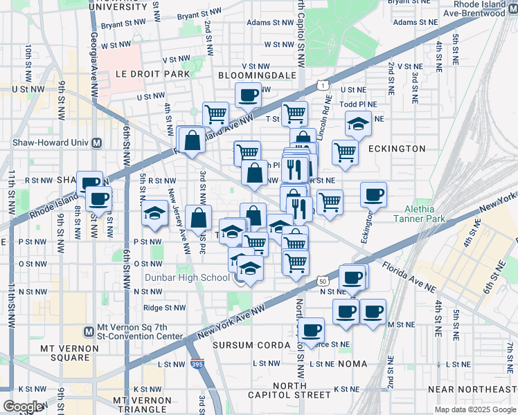 map of restaurants, bars, coffee shops, grocery stores, and more near 101 Independence Avenue Southeast in Washington
