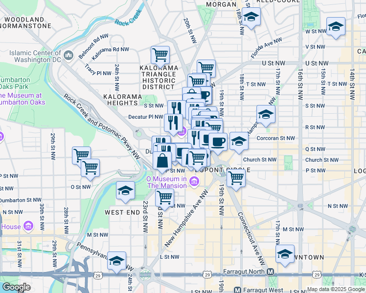 map of restaurants, bars, coffee shops, grocery stores, and more near 1600 21st Street Northwest in Washington