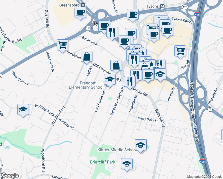 map of restaurants, bars, coffee shops, grocery stores, and more near 1945 Lord Fairfax Road in Vienna