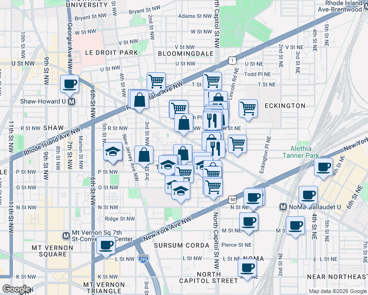 map of restaurants, bars, coffee shops, grocery stores, and more near 101 Independence Avenue Southeast in Washington